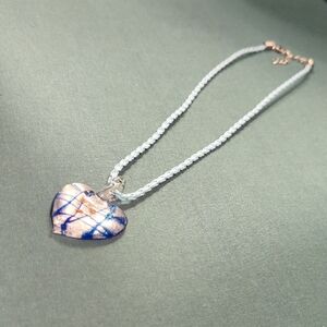Artisan Glass Pendant Necklace Heart Abstract  Blue Silver Clasp NICE UNIQUE